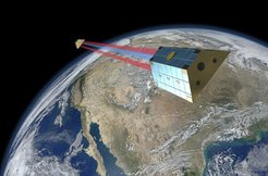 Abb.1: GRACE Follow-On ist ein Tandem aus zwei Satelliten, die die Erde in einem gegenseitigen Abstand von 220 Kilometern auf der gleichen Bahn in 490 Kilometer Höhe über dem Erdboden umrunden. Die Mission vermisst den Abstand zwischen den Satelliten mit Mikrowellen (blau) und einem neuen Laserinterferometer (rot).