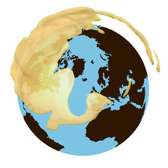 Eine stilisierte Erdkugel zeigt eine gelbe Rauchwolke, die sich über die Nordhalbkugel und Teile Europas und Asiens erstreckt.